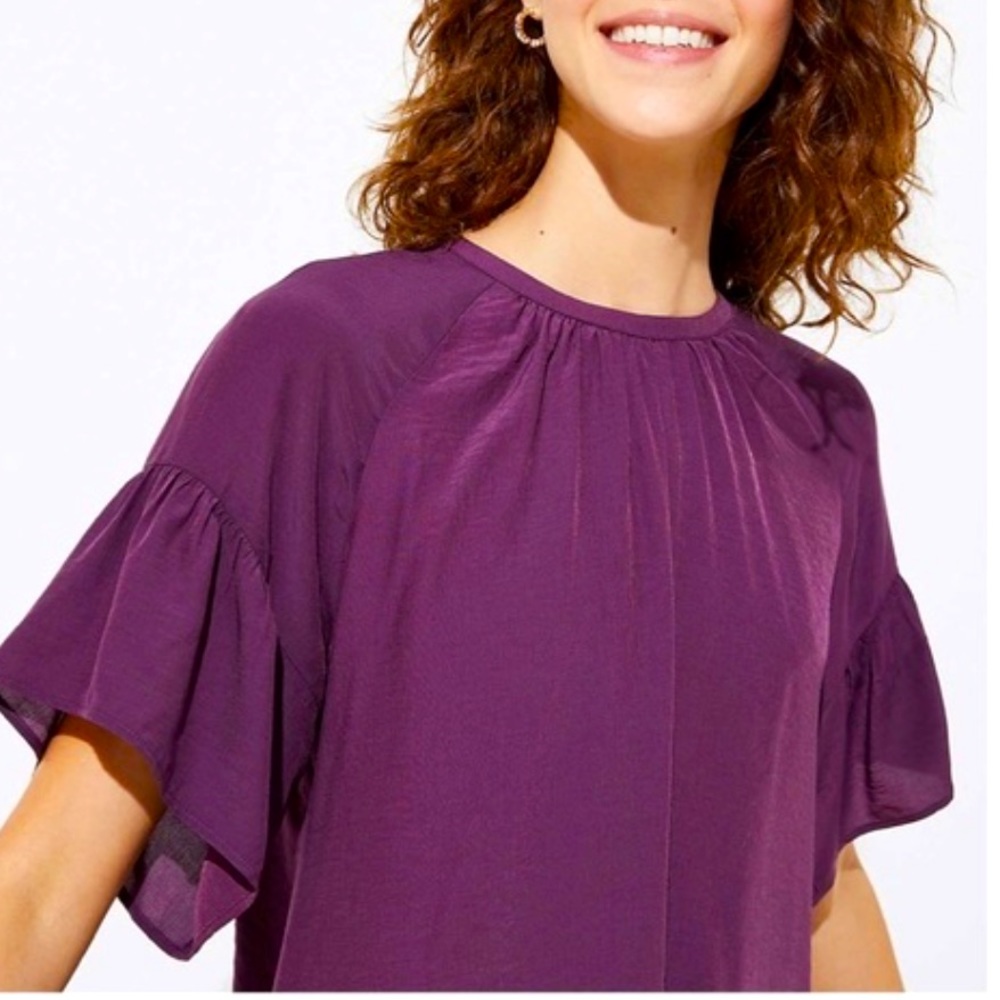 NWT LOFT plum blouse, ruffle sleeve, tie back Sz M